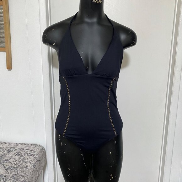 L SPACE LILA PLUNGE STRAPPY BACK HALTER ONE PIECE SWIMSUIT BLACK SIZE 10 - Picture 2 of 6